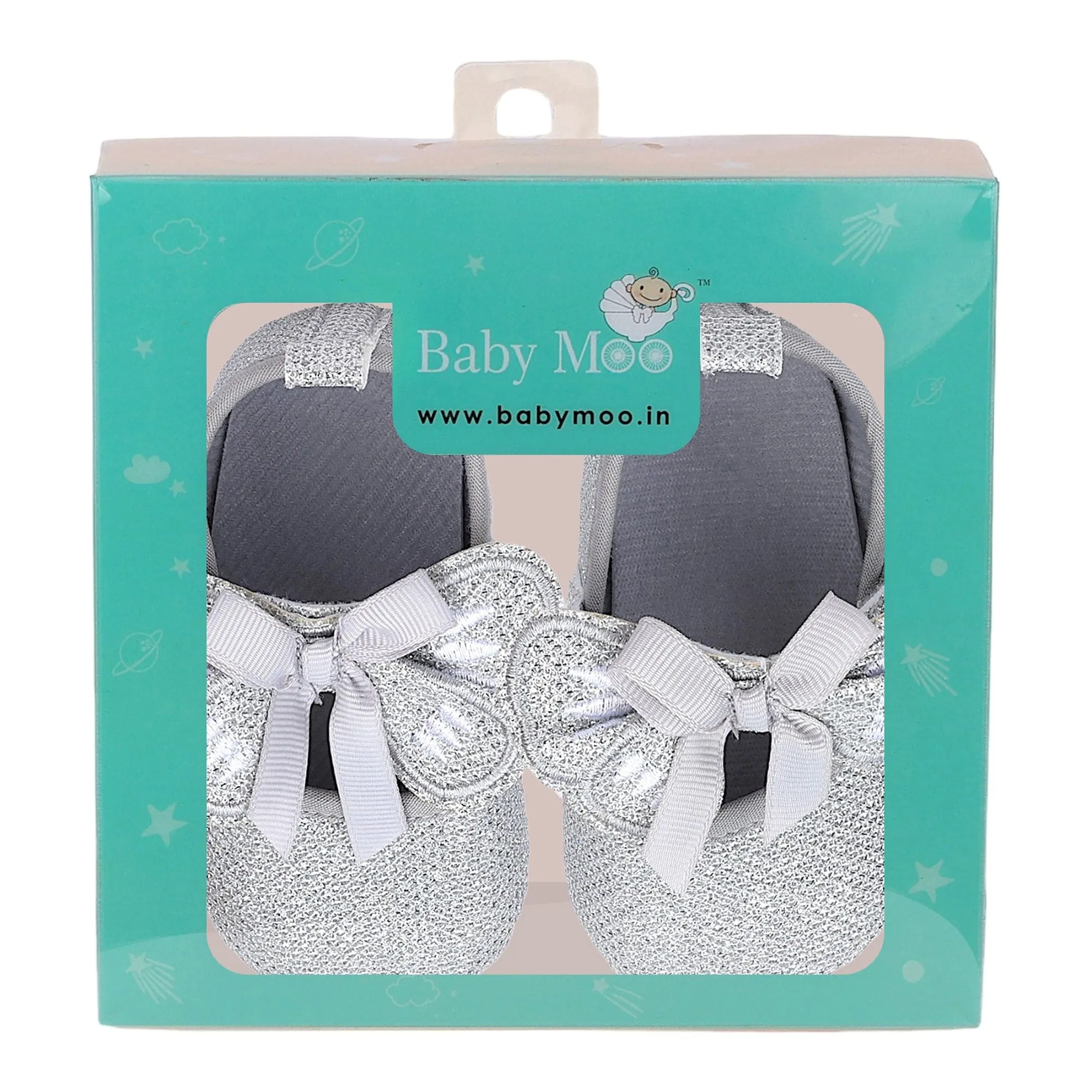 Baby Moo Butterfly Bow Shiny Party Anti-Skid Ballerina Booties - Silver