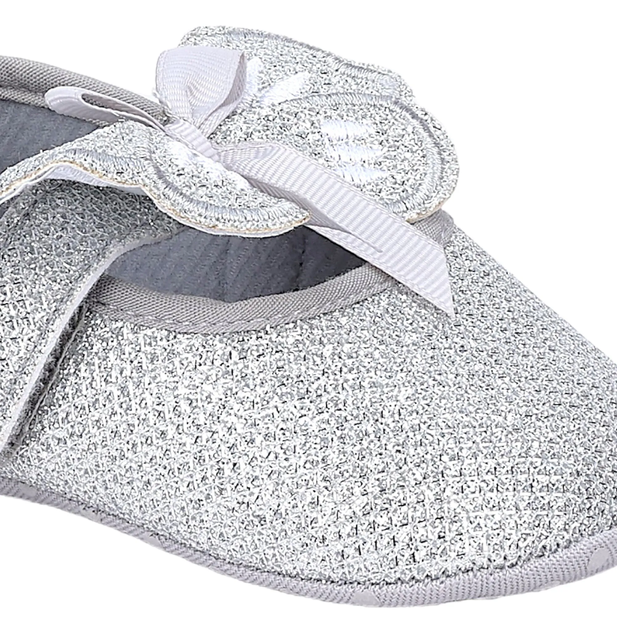 Baby Moo Butterfly Bow Shiny Party Anti-Skid Ballerina Booties - Silver
