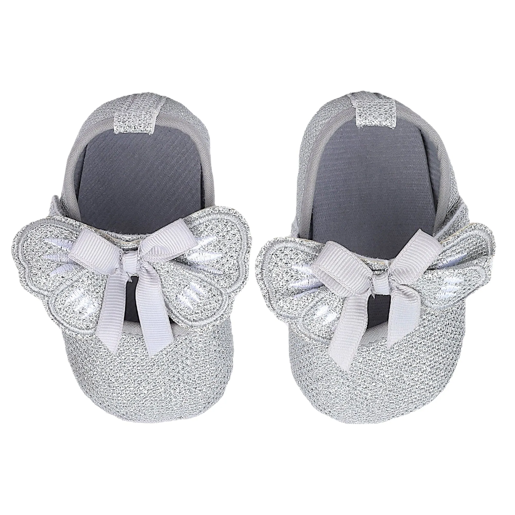 Baby Moo Butterfly Bow Shiny Party Anti-Skid Ballerina Booties - Silver
