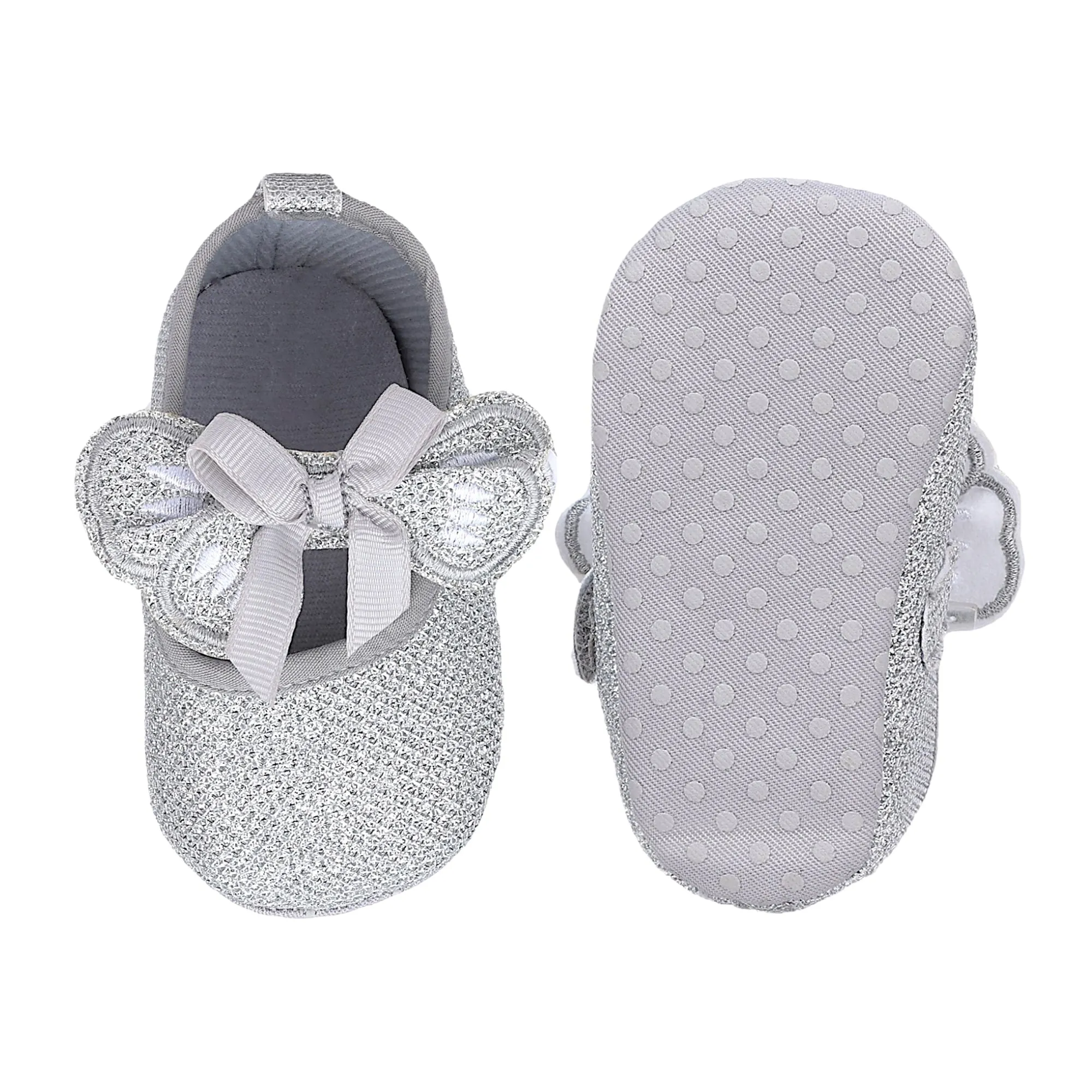 Baby Moo Butterfly Bow Shiny Party Anti-Skid Ballerina Booties - Silver
