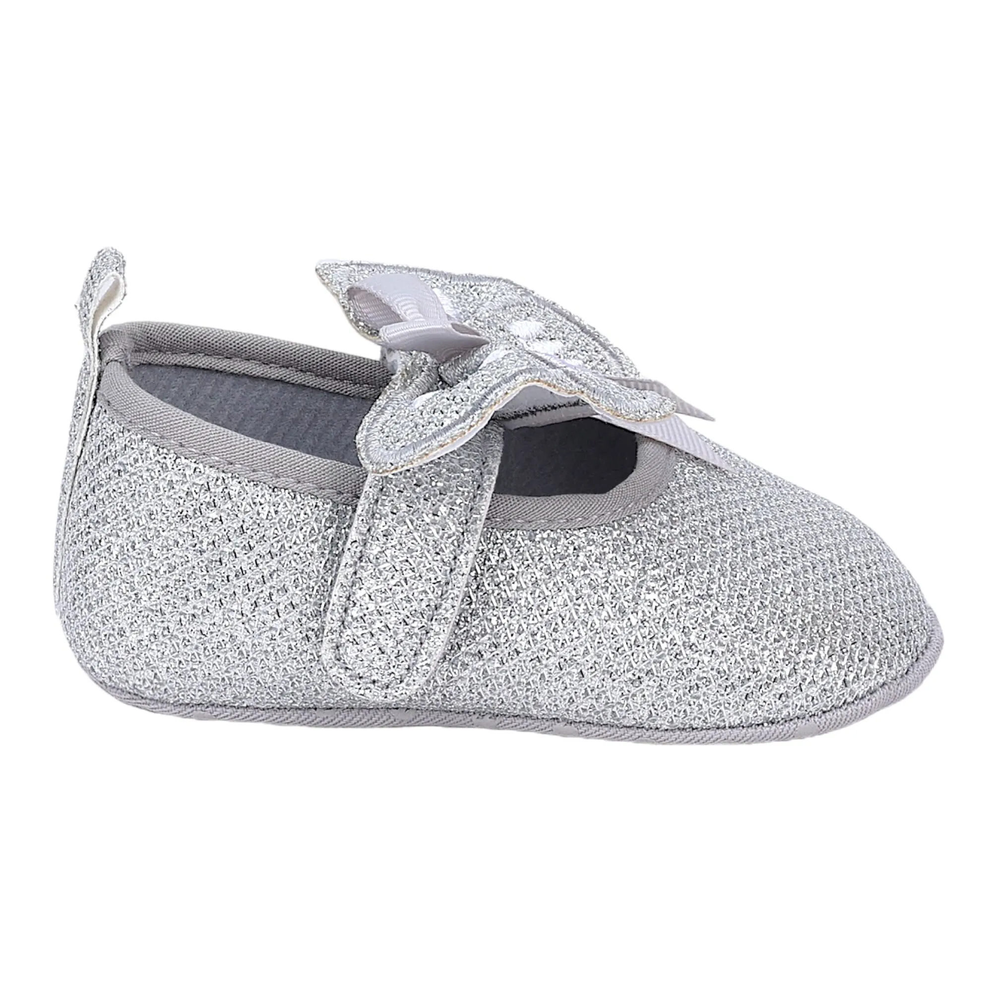 Baby Moo Butterfly Bow Shiny Party Anti-Skid Ballerina Booties - Silver