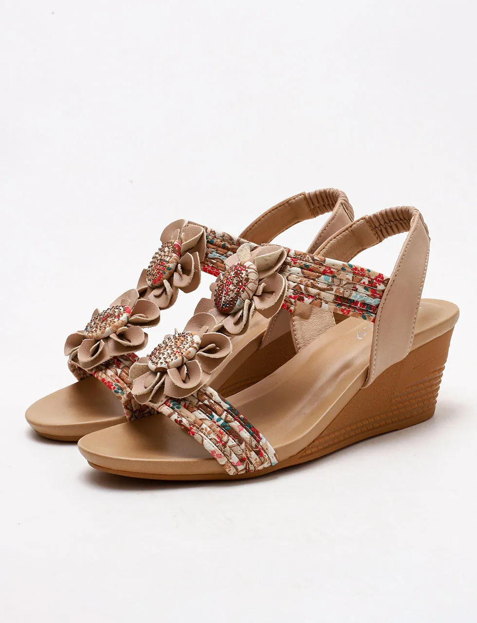 Brown T Strap Flower Boho Gladiator Sandals for Women