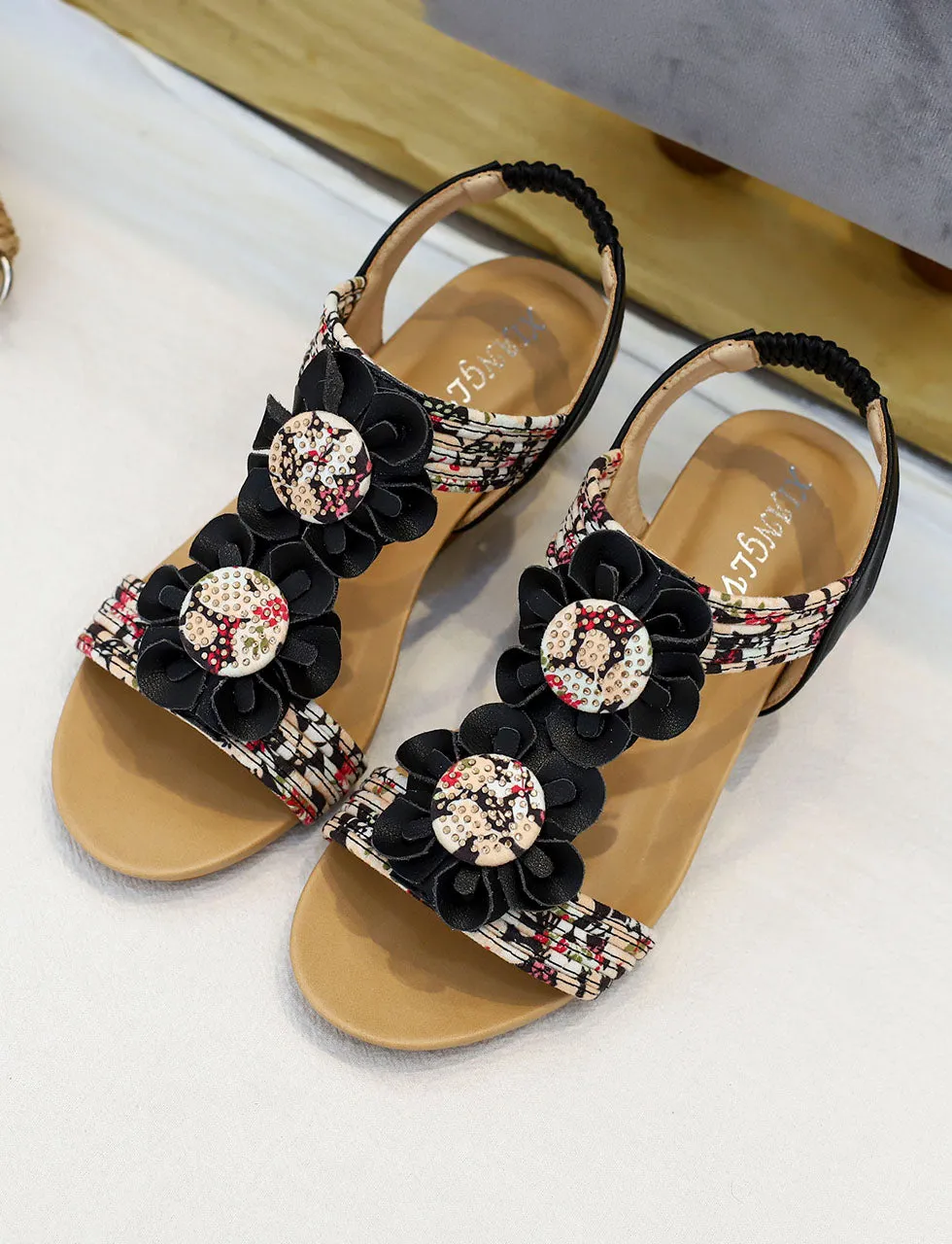 Brown T Strap Flower Boho Gladiator Sandals for Women