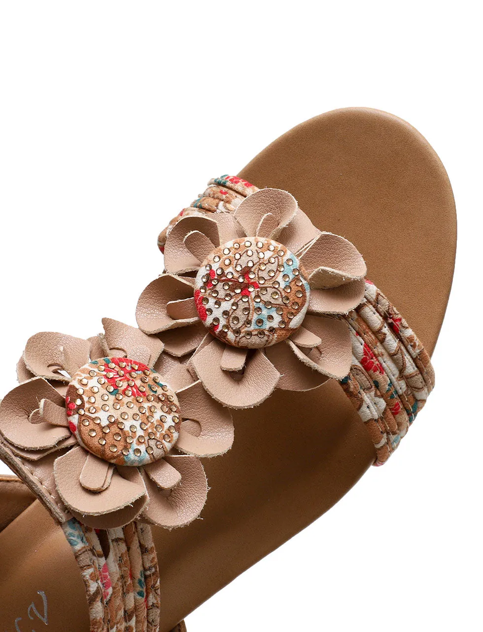 Brown T Strap Flower Boho Gladiator Sandals for Women