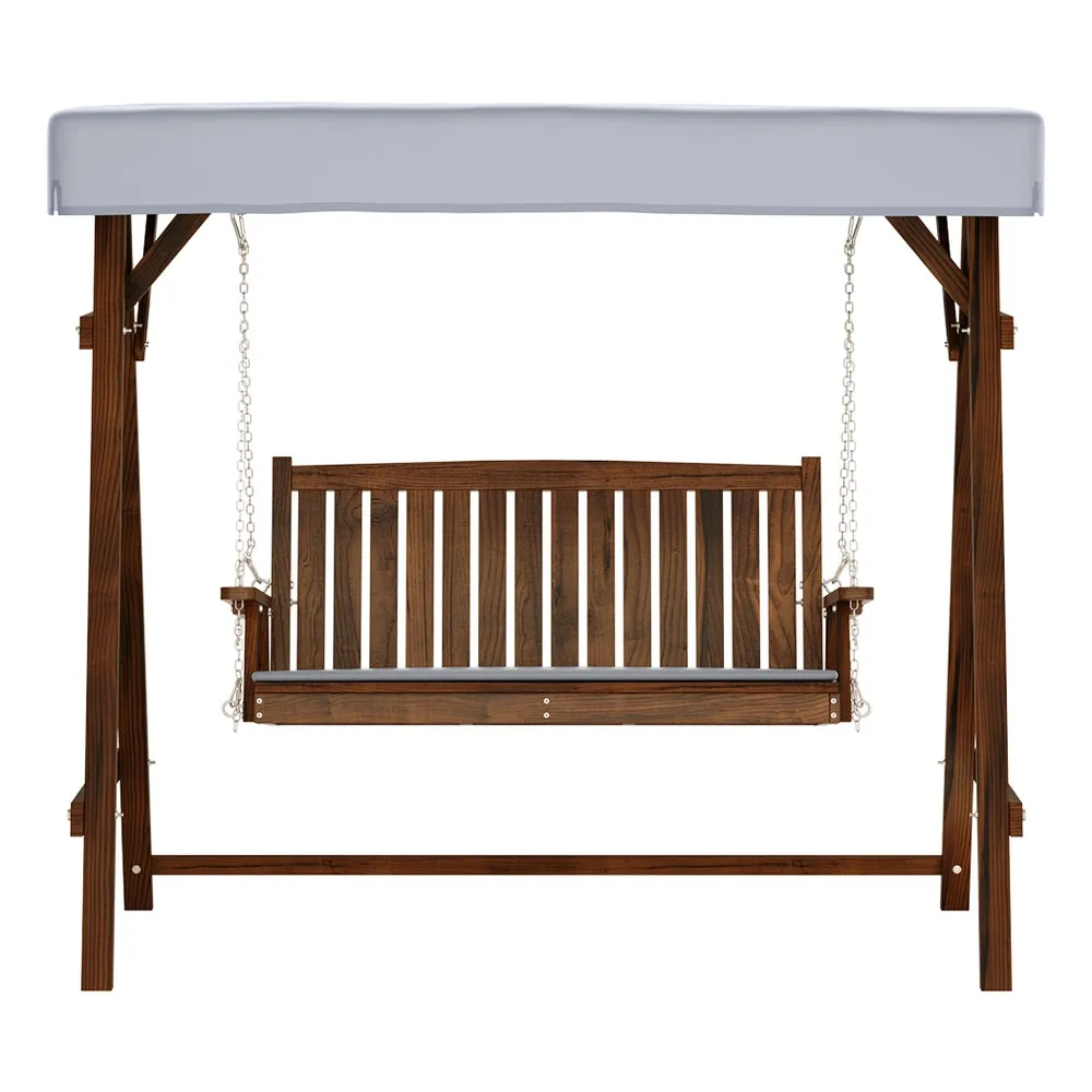 Outdoor 3 Seater Swinging Chair Loveseat Canopy Shade Wooden Swing Seat Charcoal