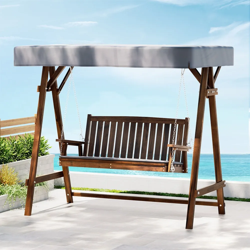 Outdoor 3 Seater Swinging Chair Loveseat Canopy Shade Wooden Swing Seat Charcoal