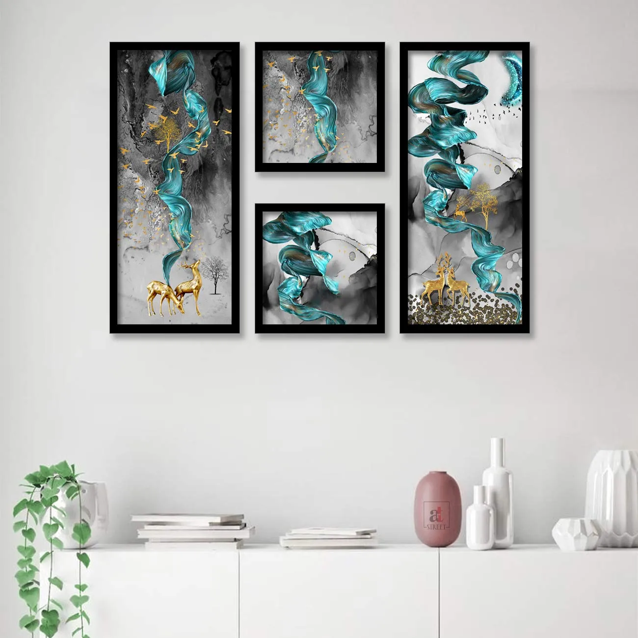 Painting Mantra Deer and Birds Artistic Framed Painting/Posters for Room Decoration, Set of 4 Black Frame Art Prints/Posters for Living Room (2 Unit 22x 47 cm 2 Unit 9x9 Inch)