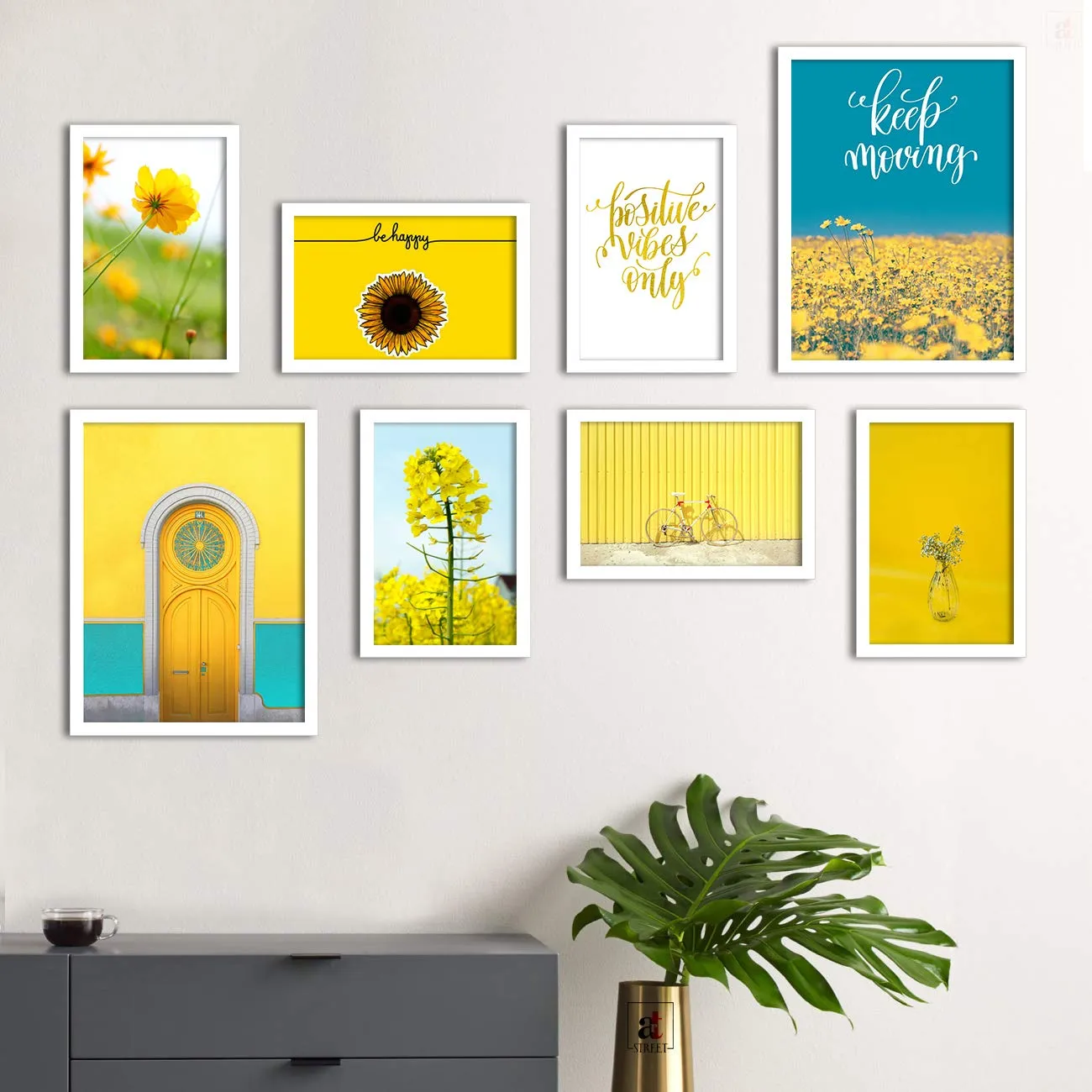 Painting Mantra Sunshine Senorita -Yellow Background Framed Painting/Posters for Room Decoration, Set of 8 White Frame Art Prints/Posters for Living Room (2 Units A3 & 6 Units A4)