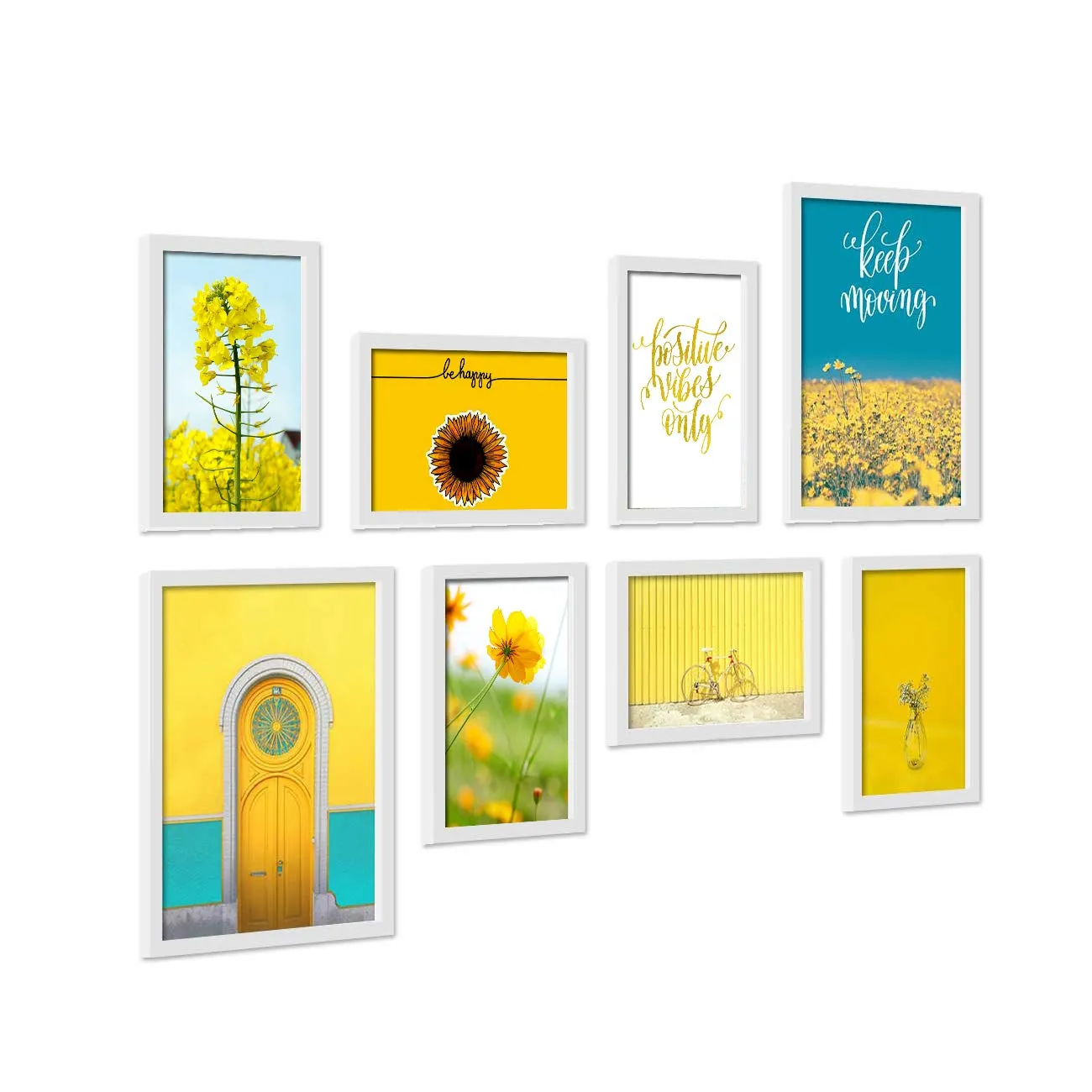 Painting Mantra Sunshine Senorita -Yellow Background Framed Painting/Posters for Room Decoration, Set of 8 White Frame Art Prints/Posters for Living Room (2 Units A3 & 6 Units A4)