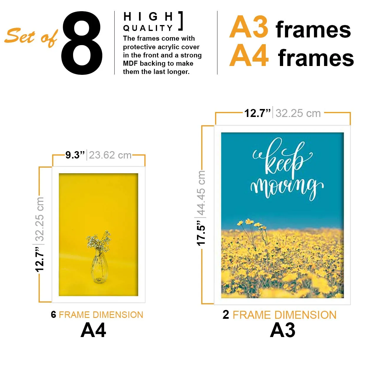 Painting Mantra Sunshine Senorita -Yellow Background Framed Painting/Posters for Room Decoration, Set of 8 White Frame Art Prints/Posters for Living Room (2 Units A3 & 6 Units A4)