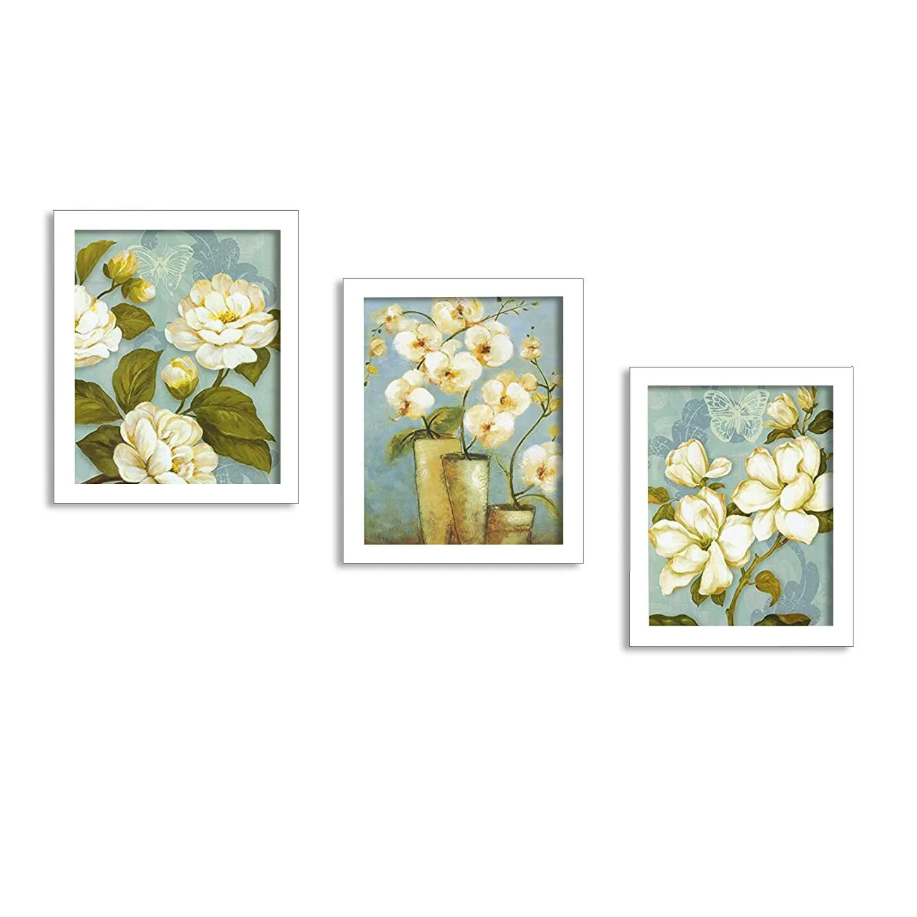 Painting Mantra - White Flower Set of 3 White Framed Painting,UV Textured Art Prints (9 x 11 inch)