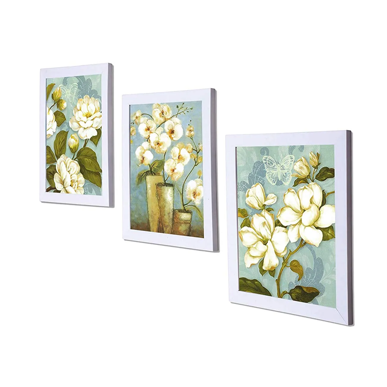 Painting Mantra - White Flower Set of 3 White Framed Painting,UV Textured Art Prints (9 x 11 inch)