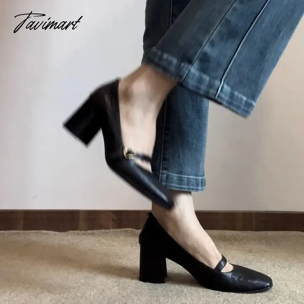 TAVIMART  -  New Designer Chunky Heel Mary Jane Leather Shoes women Spring Autumn Wear Resistant Non-slip Women Pumps High Heels