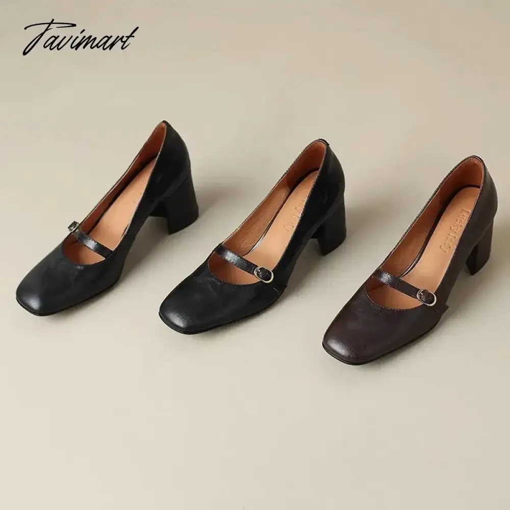 TAVIMART  -  New Designer Chunky Heel Mary Jane Leather Shoes women Spring Autumn Wear Resistant Non-slip Women Pumps High Heels
