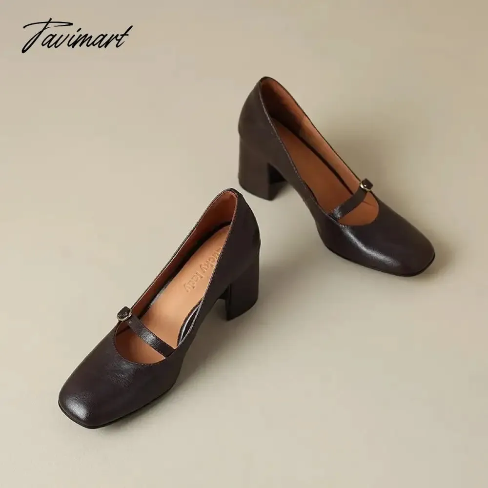 TAVIMART  -  New Designer Chunky Heel Mary Jane Leather Shoes women Spring Autumn Wear Resistant Non-slip Women Pumps High Heels