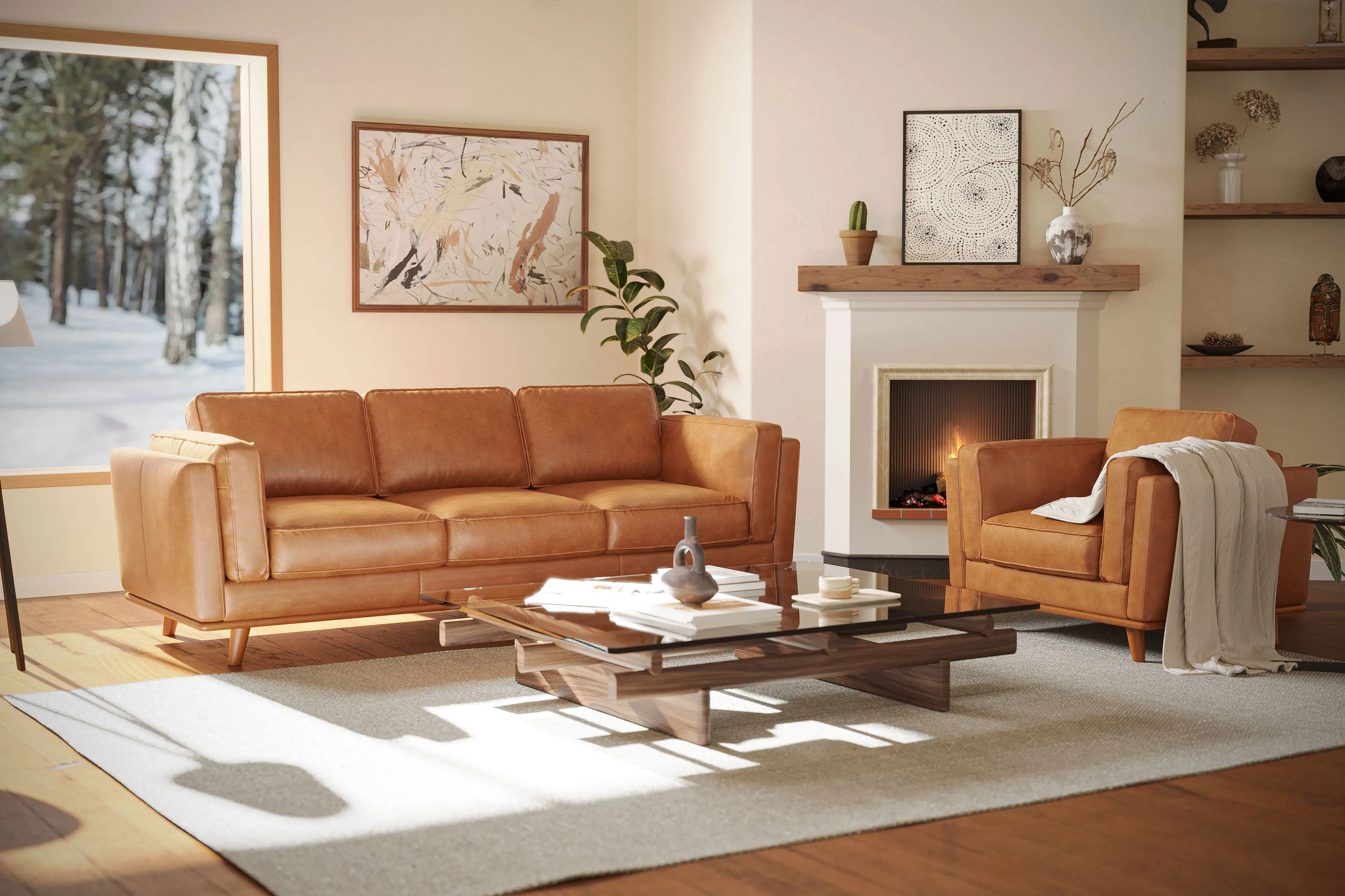 Valencia Artisan Wide Three Seats Leather Sofa, Cognac Color