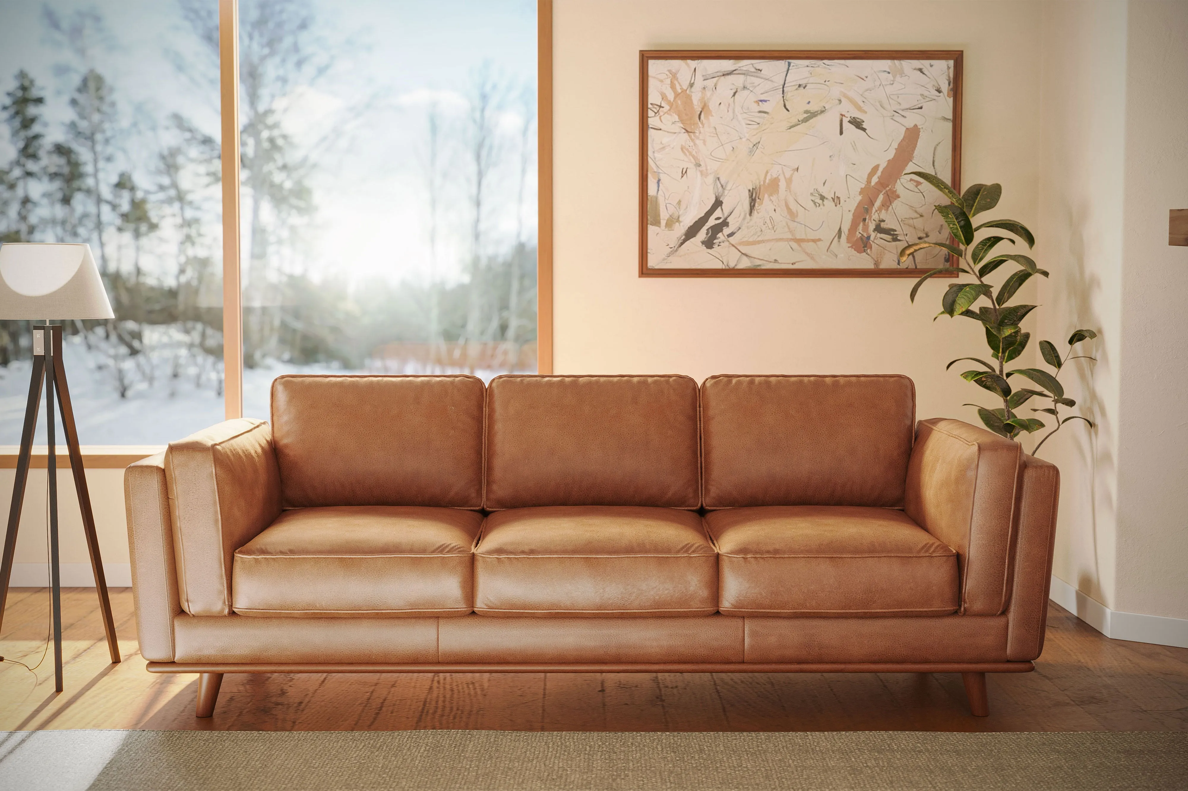 Valencia Artisan Wide Three Seats Leather Sofa, Cognac Color