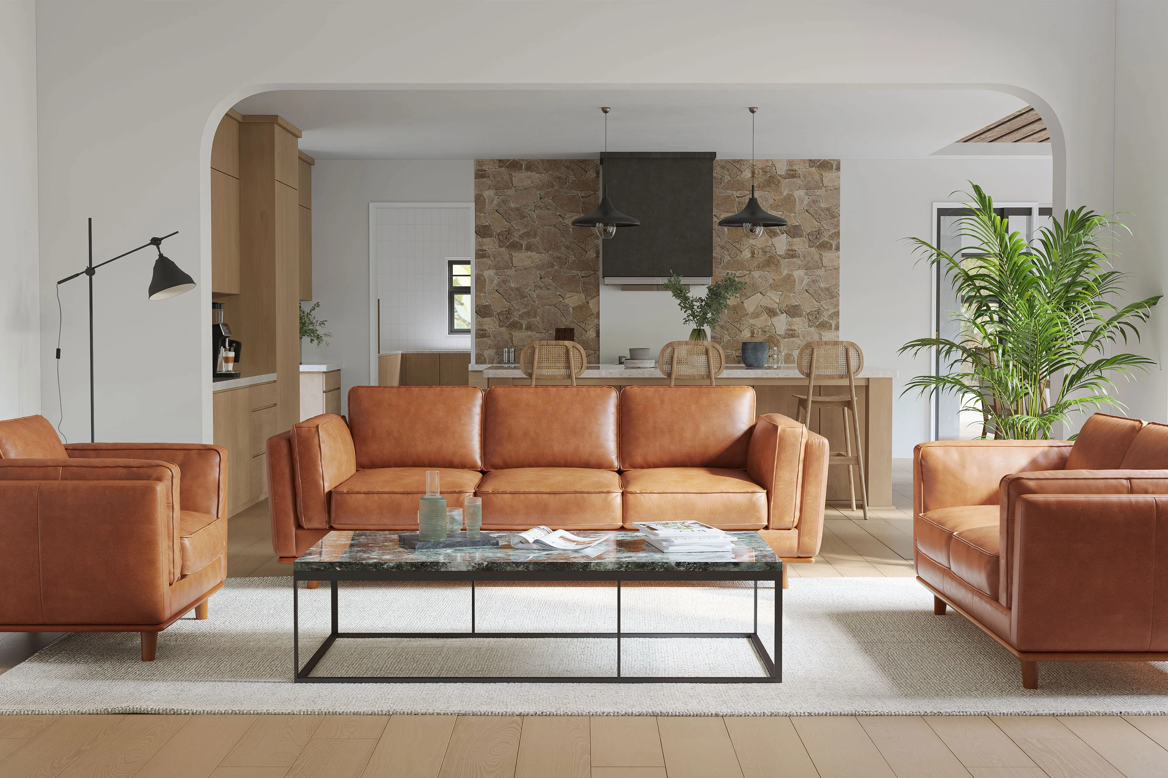 Valencia Artisan Wide Three Seats Leather Sofa, Cognac Color