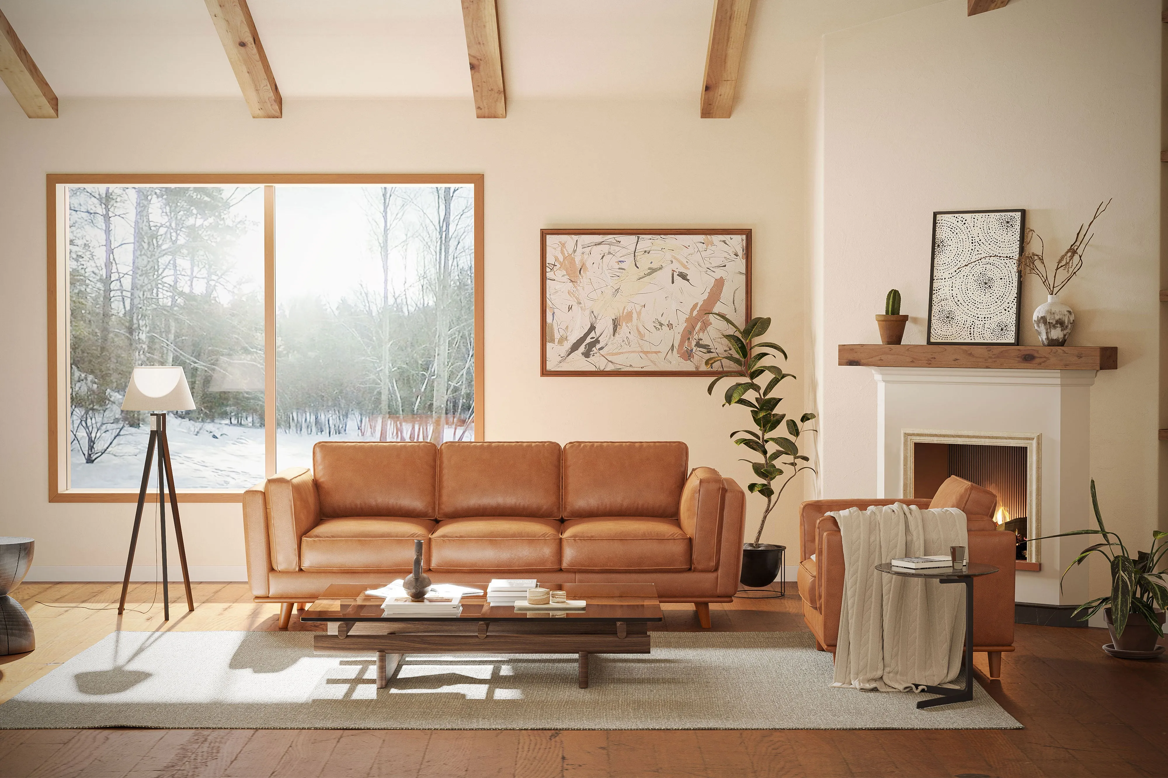 Valencia Artisan Wide Three Seats Leather Sofa, Cognac Color