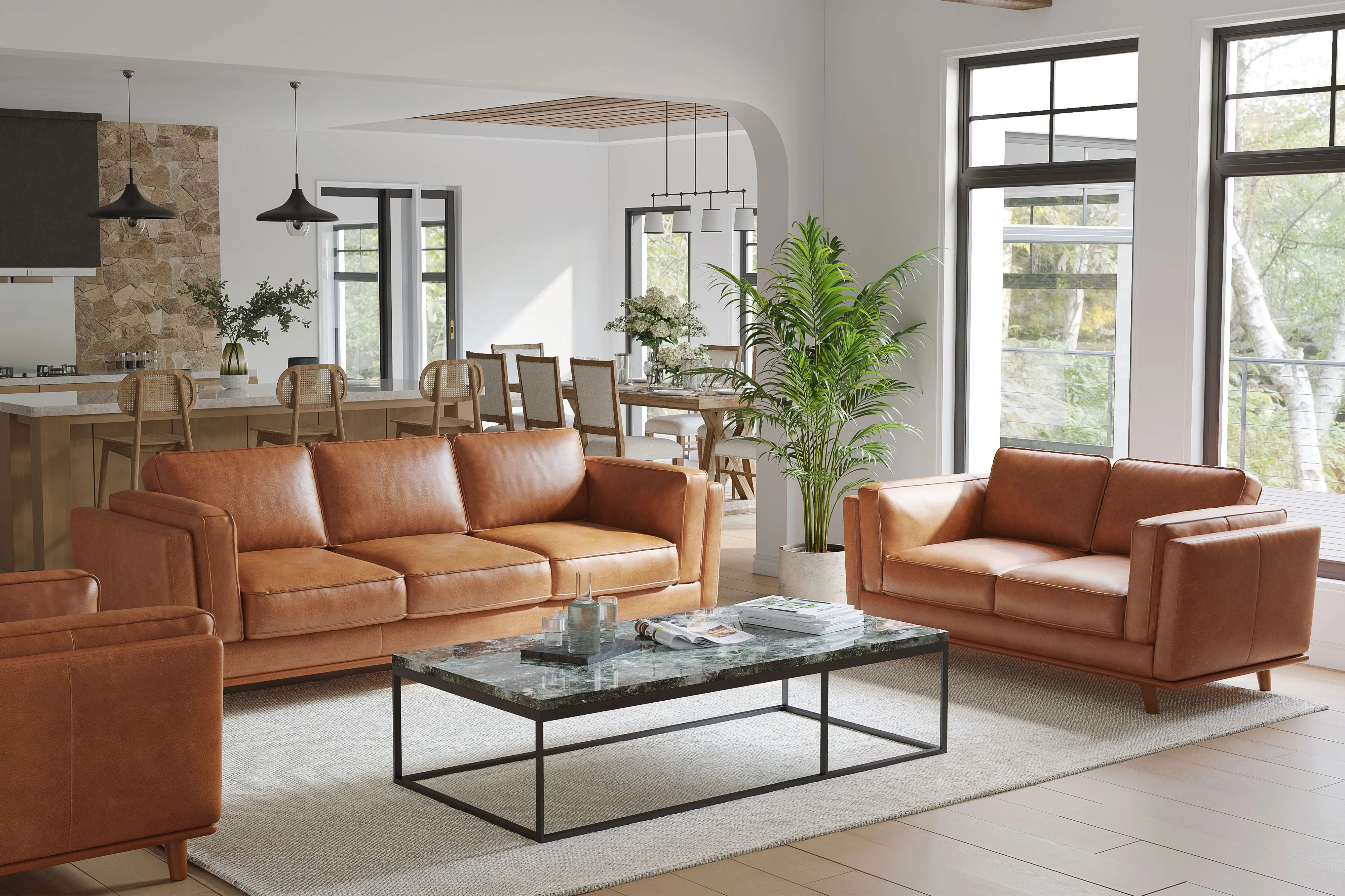 Valencia Artisan Wide Three Seats Leather Sofa, Cognac Color