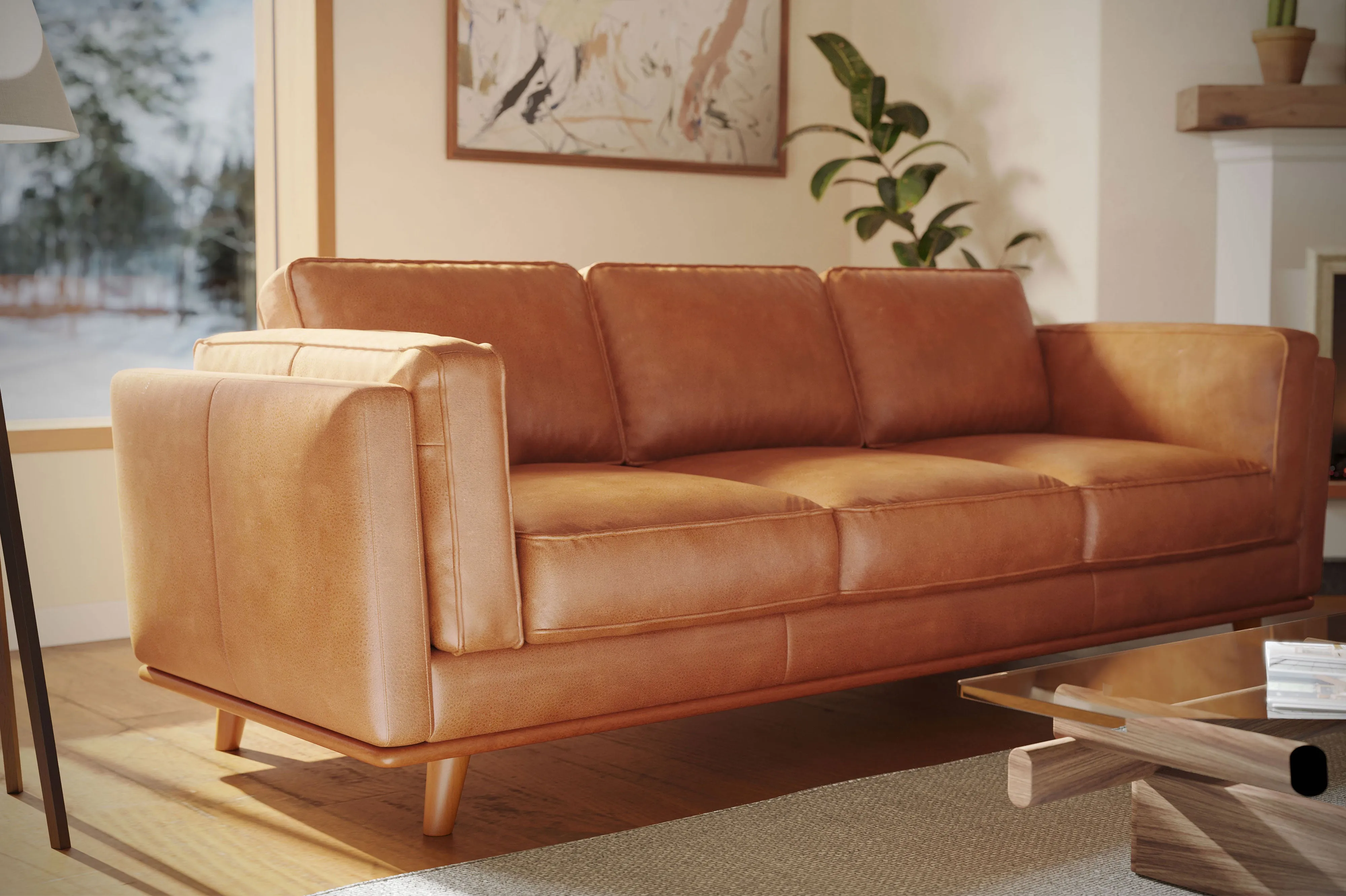 Valencia Artisan Wide Three Seats Leather Sofa, Cognac Color