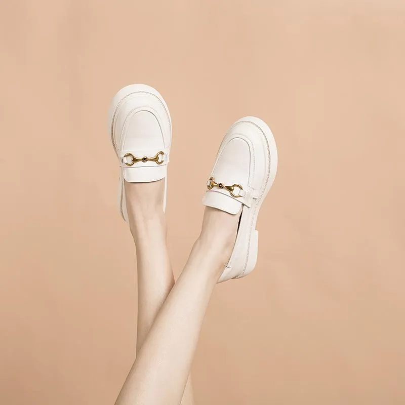 Womens Handmade Leather Loafers Metal button decoration Black/Beige