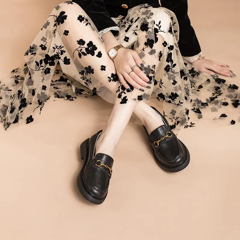 Womens Handmade Leather Loafers Metal button decoration Black/Beige